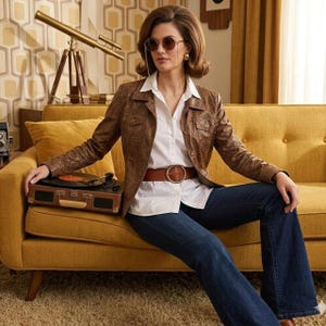 May include: A brown textured jacket with a collar and buttoned pockets, worn over a white button-down shirt with a brown leather belt featuring a large circular buckle, paired with dark blue flared denim jeans and round-framed sunglasses.