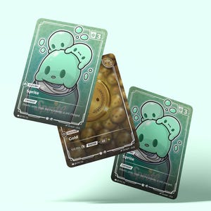 May include: Three rectangular trading cards floating in the air. Two identical cards feature a light green cartoon creature labeled Sprite, while the center card displays a gold coin design labeled Gold. Each card has a dark border and text.