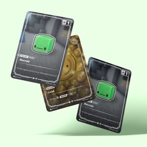 May include: Three rectangular game cards floating in the air. Two cards feature a green cube character with a flat face and the text Recruit. The central card displays a gold coin pattern with the text Gold. Each card has a black border and icons.