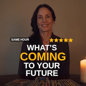 May include: A person wearing a dark gray robe sits behind a table with tarot cards. Text reads SAME HOUR and WHAT'S COMING TO YOUR FUTURE. Five yellow stars are displayed above the text. A lit candle is visible on the right side of the table.