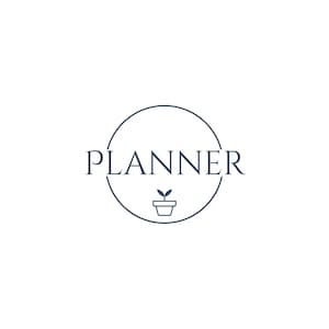 May include: A dark blue graphic logo on a white background featuring the word PLANNER in capital letters centered within a thin circular outline. Below the text is a small, simple line drawing of a potted plant with two small leaves.