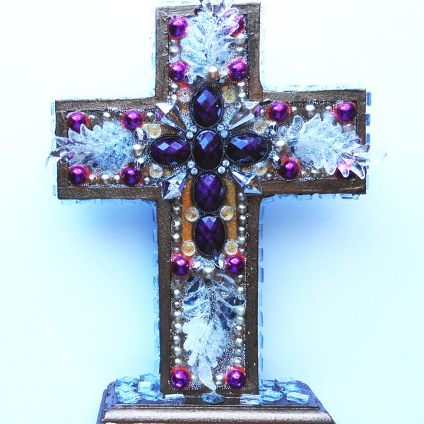 Cross OOAK SALE standing cross found objects mixed media decoupage hand painted purple EASTER cross