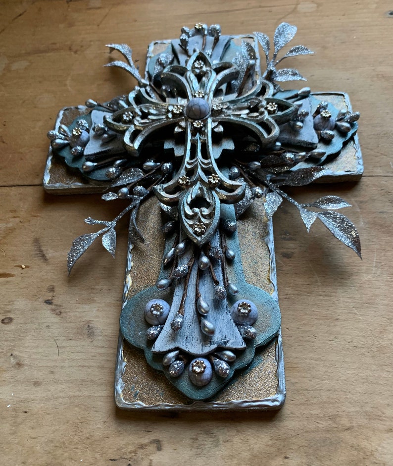 Cross recycled art Cross My Art By Lynn Webb religious gift one of a kind unique gift Christmas glittered