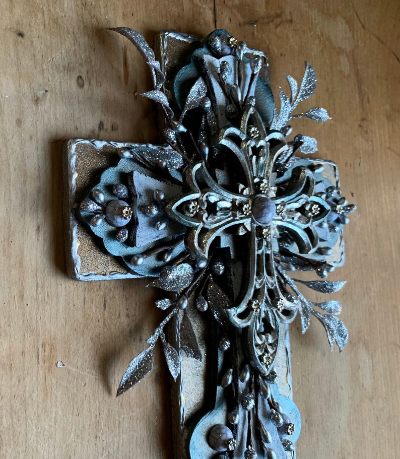 Cross recycled art Cross My Art By Lynn Webb religious gift one of a kind unique gift Christmas glittered