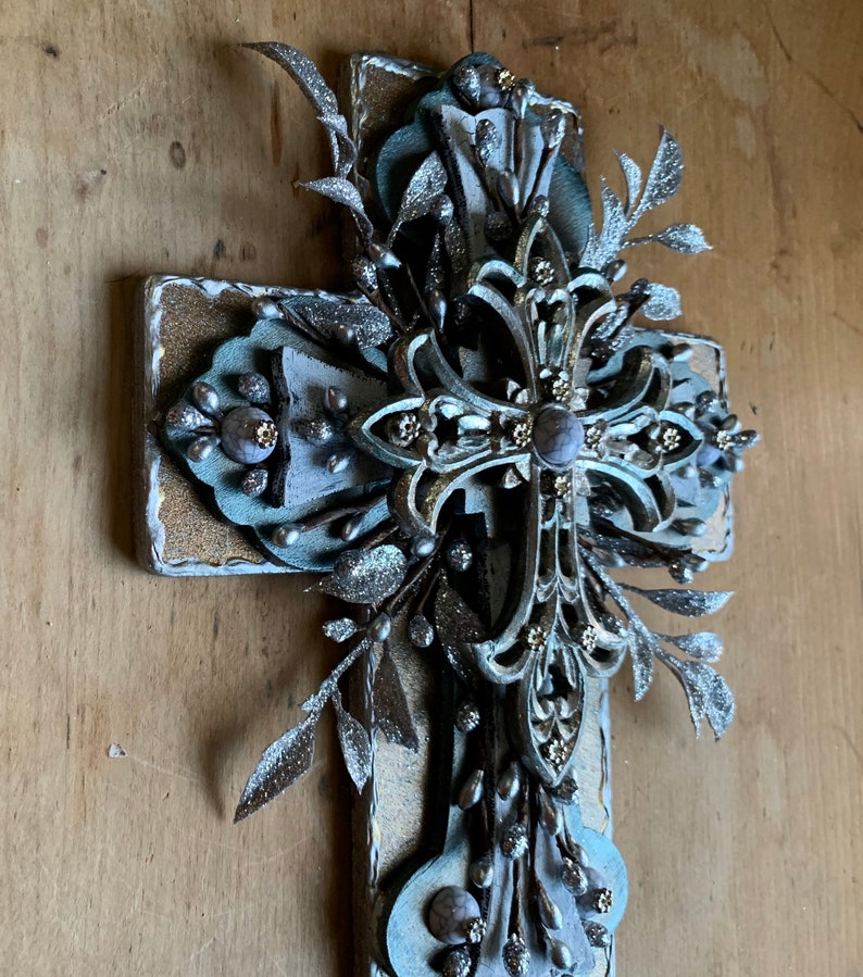 Cross recycled art Cross My Art By Lynn Webb religious gift one of a kind unique gift Christmas glittered