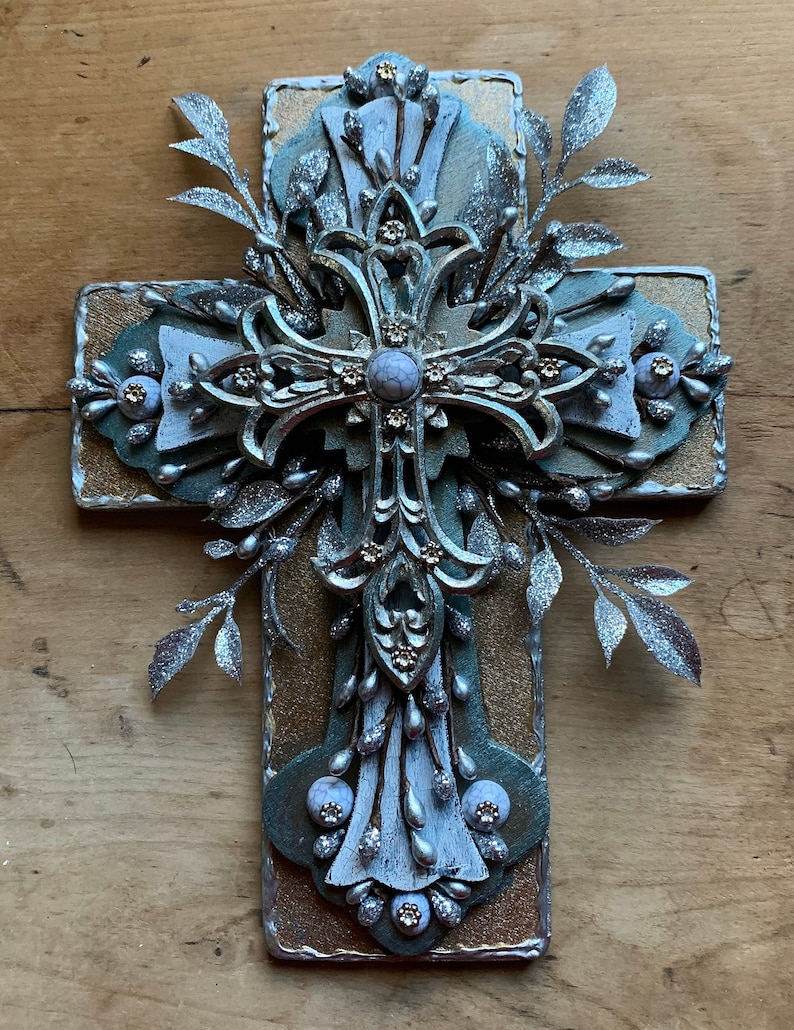 Cross recycled art Cross My Art By Lynn Webb religious gift one of a kind unique gift Christmas glittered