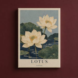 White Lotus Flowers Vintage Botanical Wall Art Print, Creamy White Blooms, Dark Navy Water, Sage Green Pads, Dusty Blue Background