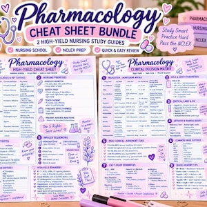 Puede incluir: Un paquete de dos hojas de referencia de farmacología para estudiantes de enfermería, con texto en violeta y blanco, iconos médicos y tablas. Las hojas incluyen secciones sobre clases de medicamentos, matrices de decisión y guías NCLEX.