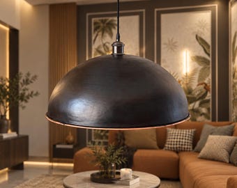 Black Dome Pendant Light with Copper-Tone Rim, Rustic Kitchen Island Lighting, Dining Room Hanging Lamp
