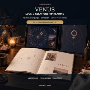 Puede incluir: Una lectura personalizada de amor y relaciones de Venus presentada como un PDF de 10 a 14 páginas. La muestra incluye una tableta y un libro abierto, ambos con cartas astrológicas, el símbolo de Venus, fases lunares e imágenes florales.