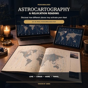 May include: A personalized astrocartography and relocation reading service presented as a 20-26 page PDF. The image displays a laptop, a tablet, and an open book, all showing world maps with astrological lines, alongside text: LOVE, CAREER, HOME, TRAVEL.