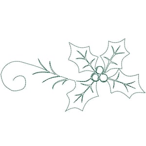May include: A dark green machine embroidery design featuring a stylized holly sprig with three pointed leaves and three circular berries, accented by a delicate, sweeping decorative flourish extending to the left side of the composition.