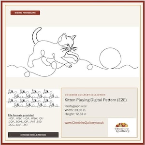 Pode incluir: Um padrão digital de pantógrafo com um desenho de linha contínua de um gatinho brincando com um novelo de lã. O texto diz Kitten Playing Digital Pattern (E2E), Cheshire Quiltery Collection, com dimensões de 33,03 polegadas por 12,53 polegadas.