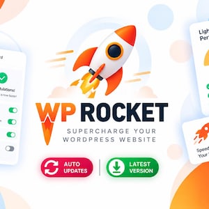 May include: A digital graphic for WP Rocket featuring a central 3D rocket ship icon, a dashboard interface showing optimization settings, and a performance gauge labeled Lightning Fast Performance with a Great Score indicator and text.