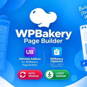 Puede incluir: Un gráfico digital azul para WPBakery Page Builder con un logotipo blanco, el texto Build Stunning Websites y elementos de interfaz como Add Element, Ultimate Addons, WPBakery Clipboard, Auto Updates y Latest Version.