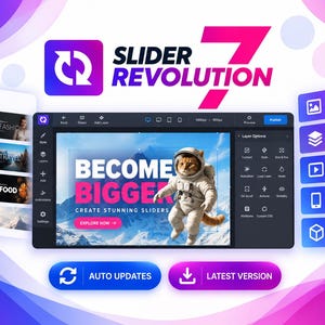 Può includere: Un'interfaccia software per Slider Revolution 7 con un'area di lavoro centrale che mostra un gatto in tuta da astronauta, il testo BECOME BIGGER e una barra laterale con opzioni di livello. Il design presenta sfumature viola e blu.