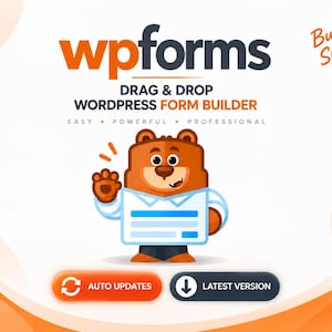 May include: A digital graphic for WPForms featuring a brown bear mascot waving while holding a white form. The text reads wpforms, Drag & Drop WordPress Form Builder, Easy, Powerful, Professional, Build Smarter Forms, Auto Updates, and Latest Version.