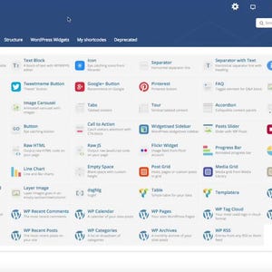 以下が含まれることがあります： Add Elementというタイトルのデジタルインターフェースウィンドウ。Row、Text Block、Icon、Separator、Message Box、Image Gallery、Tabs、Accordion、Google Maps、Button、WP Searchなど、ウェブサイトのコンテンツアイコンとラベルのグリッドが表示されています。