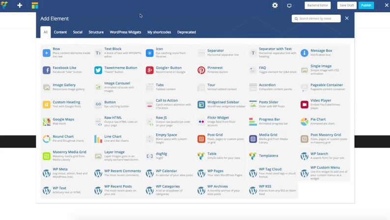 以下が含まれることがあります： Add Elementというタイトルのデジタルインターフェースウィンドウ。Row、Text Block、Icon、Separator、Message Box、Image Gallery、Tabs、Accordion、Google Maps、Button、WP Searchなど、ウェブサイトのコンテンツアイコンとラベルのグリッドが表示されています。