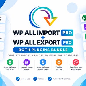Könnte beinhalten: Eine digitale Grafik für das Plugin-Paket WP All Import Pro und WP All Export Pro. Das Design zeigt ein zentrales Logo mit blauen und orangefarbenen Pfeilen, den Text WP ALL IMPORT PRO + WP ALL EXPORT PRO und Symbole für Datenformate.