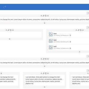 以下が含まれることがあります： WPBakery Page Builderのインターフェース。複数のテキストブロック、単一画像のプレースホルダー、3つのアイコン要素で構成されたレイアウトが表示されています。画面には、さまざまな編集ツール、プラスアイコン、編集アイコン、およびLorem Ipsumのプレースホルダーテキストが含まれています。
