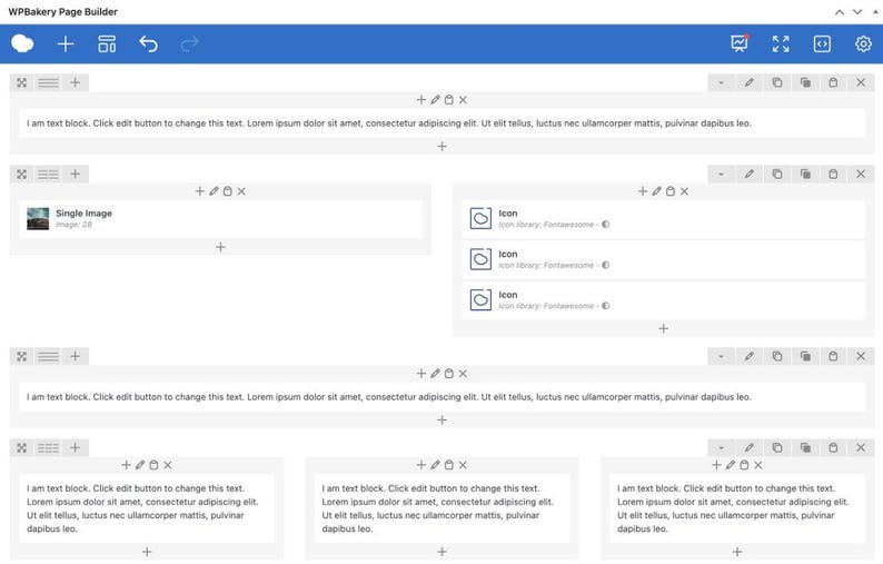 以下が含まれることがあります： WPBakery Page Builderのインターフェース。複数のテキストブロック、単一画像のプレースホルダー、3つのアイコン要素で構成されたレイアウトが表示されています。画面には、さまざまな編集ツール、プラスアイコン、編集アイコン、およびLorem Ipsumのプレースホルダーテキストが含まれています。