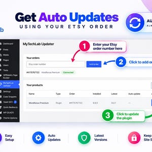 以下が含まれることがあります： MyTechLab Updaterプラグインのデジタルインターフェース。Etsy注文を接続する手順を示すダッシュボードが表示されています。画面には注文番号を入力するフィールド、製品リスト、およびアクションを実行するためのボタンが含まれています。