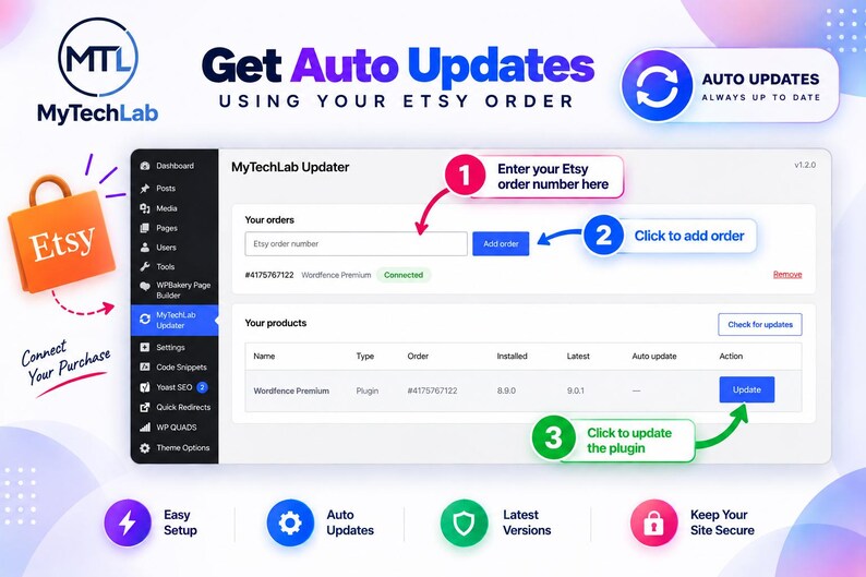 以下が含まれることがあります： MyTechLab Updaterプラグインのデジタルインターフェース。Etsy注文を接続する手順を示すダッシュボードが表示されています。画面には注文番号を入力するフィールド、製品リスト、およびアクションを実行するためのボタンが含まれています。