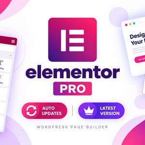 May include: Elementor Pro WordPress page builder interface featuring a central logo, a sidebar with widget icons, and a preview window displaying the text Design Your Future. Includes buttons for Auto Updates and Latest Version on a gradient background.