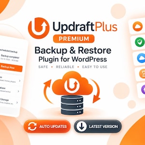 May include: UpdraftPlus Premium software interface for WordPress featuring a dashboard with backup and restore options, cloud storage icons, and a central orange cloud graphic over a database icon with text labels for automatic backups and tools.