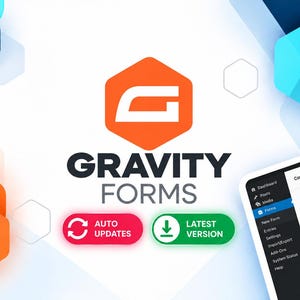 May include: A digital graphic for Gravity Forms featuring a central orange hexagon logo with a white G, the text Gravity Forms, and two buttons labeled Auto Updates and Latest Version. A partial view of a software dashboard interface is visible.