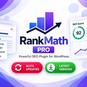 May include: A digital graphic for RankMath PRO, a WordPress SEO plugin. The image features the RankMath logo, a bar chart with an upward arrow, and two interface panels showing SEO scores, keyword tracking, and audit tools. Red and green buttons labeled Auto Updates and Latest Version are included.
