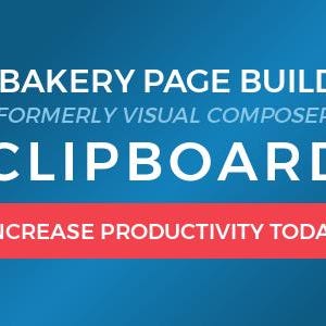 以下が含まれることがあります： 青いグラデーションの背景に、WPBAKERY PAGE BUILDER (FORMERLY VISUAL COMPOSER) CLIPBOARDという白いテキストが表示されたデジタル画像。そのテキストの下には、INCREASE PRODUCTIVITY TODAYという白いテキストが書かれた赤い長方形のボタンがあります。