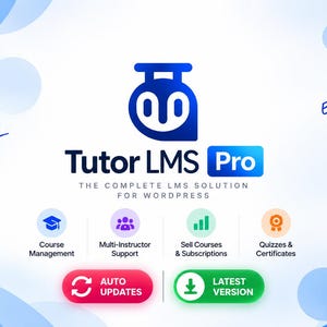 Puede incluir: Un gráfico digital para Tutor LMS Pro con un logotipo azul, el texto Create Learn Earn, Empower Education y The Complete LMS Solution For WordPress. Los iconos representan gestión de cursos, soporte multi-instructor y cuestionarios.