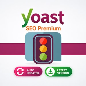May include: The Yoast SEO Premium logo features a traffic light icon with red, yellow, and green circles. Below the logo, two buttons are displayed: a magenta button labeled AUTO UPDATES with a refresh icon and a green button labeled LATEST VERSION.