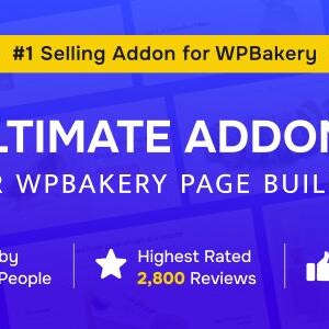 以下が含まれることがあります： Ultimate Addons for WPBakery Page Builderの青いデジタルグラフィック。#1 Selling Addon for WPBakeryと書かれた黄色いバナーがあり、80,000人のユーザー、2,800件のレビュー、サポートのアイコンとラベルが記載されています。
