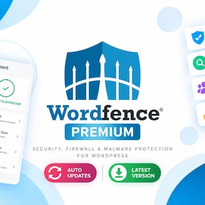 May include: A Wordfence Premium digital dashboard interface featuring a blue shield logo, a sidebar menu, and four feature boxes labeled Block Attacks, Detect Malware, Protect Your Site, and Real-Time Threat Defense, with Auto Updates and Latest Version buttons.