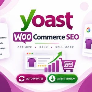 May include: A digital graphic for Yoast WooCommerce SEO featuring the brand logo, text reading OPTIMIZE, RANK, SELL MORE, and AUTO UPDATES, LATEST VERSION buttons. It displays search result mockups with a purple t-shirt and a shopping cart icon.