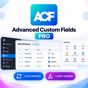 Può includere: Una grafica digitale per Advanced Custom Fields PRO con il logo ACF, una barra laterale della dashboard di WordPress, un'interfaccia Edit Field Group e un menu di selezione del tipo di campo. Due pulsanti blu e viola mostrano Auto Updates e Latest Version.