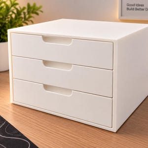 May include: A white plastic desktop storage unit featuring three horizontal drawers stacked vertically. Each drawer has a recessed handle cutout along the top edge. The unit has a smooth, matte finish and a rectangular shape, designed for organizing small items.