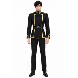 May include: A black military-style jacket with a high collar, gold trim, and gold buttons, paired with matching black trousers. The jacket features a black belt with a silver buckle at the waist and gold fleur-de-lis emblems on the collar.