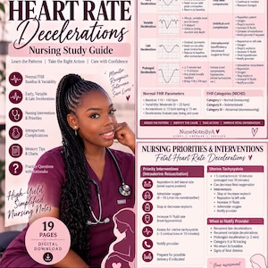 May include: A digital nursing study guide titled Fetal Heart Rate Decelerations featuring charts on deceleration types, causes, and nursing interventions. The document includes NICHD categories, normal FHR parameters, and priority interventions for uterine tachysystole.