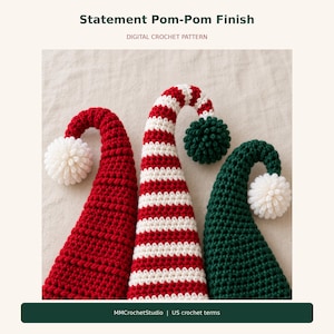 以下が含まれることがあります： ポンポン付きのクロッシェ編み帽子3点。画像には「Statement Pom-Pom Finish」「DIGITAL CROCHET PATTERN」「MMCrochetStudio | US crochet terms」の文字があります。帽子は無地の赤、赤と白のストライプ、無地のダークグリーンの3色です。