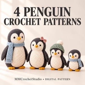 May include: Four crocheted penguin dolls in varying sizes, featuring black, white, and yellow yarn. The penguins wear accessories including a light blue scarf, a pink bow, and a green beanie with a pom-pom. Text reads 4 PENGUIN CROCHET PATTERNS.