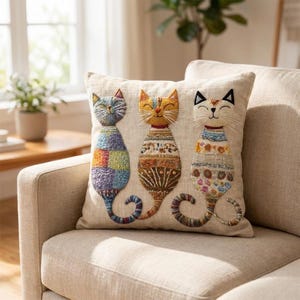 Pode incluir: Uma almofada quadrada bege com três gatos bordados sentados lado a lado. Cada gato tem um corpo com padrões coloridos únicos, costuras detalhadas, bigodes longos e uma cauda enrolada sobre um tecido de cor clara.