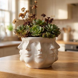Puede incluir: Una maceta de cerámica blanca con forma de cabeza y múltiples rostros moldeados alrededor del exterior. La maceta está llena de una variedad de plantas suculentas verdes y varios tallos de flores marrones secas que sobresalen.