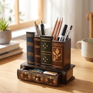 Könnte beinhalten: Ein Schreibtisch-Organizer in Form eines Stapels alter Bücher mit einer Schublade. Der Organizer hat bemalte Buchrücken in Blau, Braun und Grün mit Goldverzierungen und enthält mehrere Stifte, Bleistifte und Marker sowie einige Büroklammern.