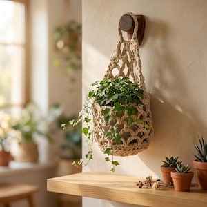 May include: A beige macrame plant hanger with a knotted net design suspended from a dark wooden wall hook. The hanger holds a potted green ivy plant with trailing vines. The structure features a circular base and a loop for wall mounting.