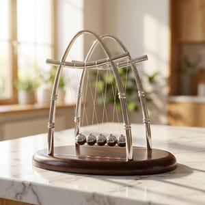 May include: A Newton's cradle featuring five polished silver-tone metal spheres suspended by thin wires from a curved, arched silver-tone metal frame. The entire structure is mounted on a smooth, oval-shaped dark brown wooden base.