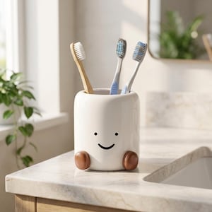 Op de afbeelding: Een witte keramische tandenborstelhouder met een eenvoudig zwart smiley-gezicht en twee afgeronde bruine voetjes aan de basis. De cilindrische houder bevat drie tandenborstels, waaronder één met een lichthouten handvat en twee met blauw-witte kunststof handvatten.